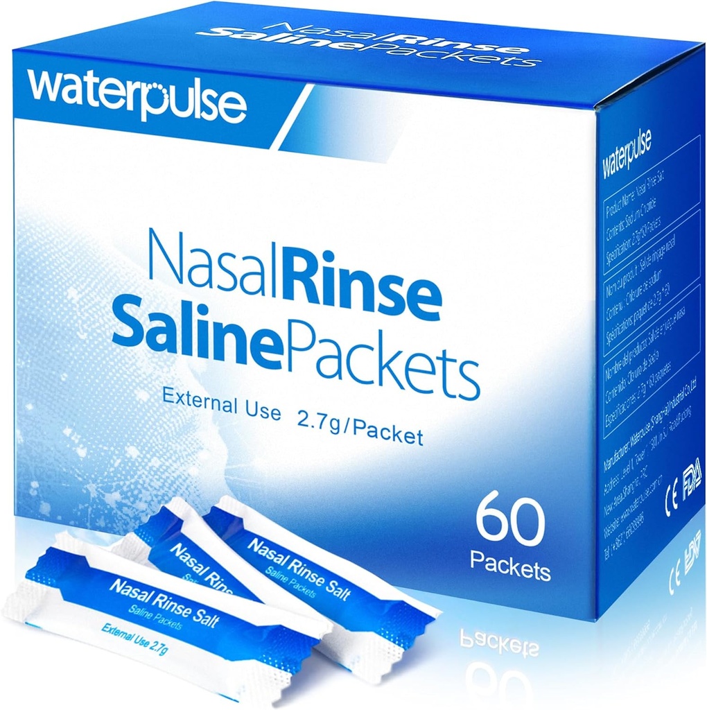 Waterpulse 60 Pakiety nasal Rinse, skuteczne opakowania soli Neti Pot, Pakiety soli Nasal Rinse indywidualnie zapakowane - Wygodne rozwiązanie dla zapalenia zatok, alergii i chłodu