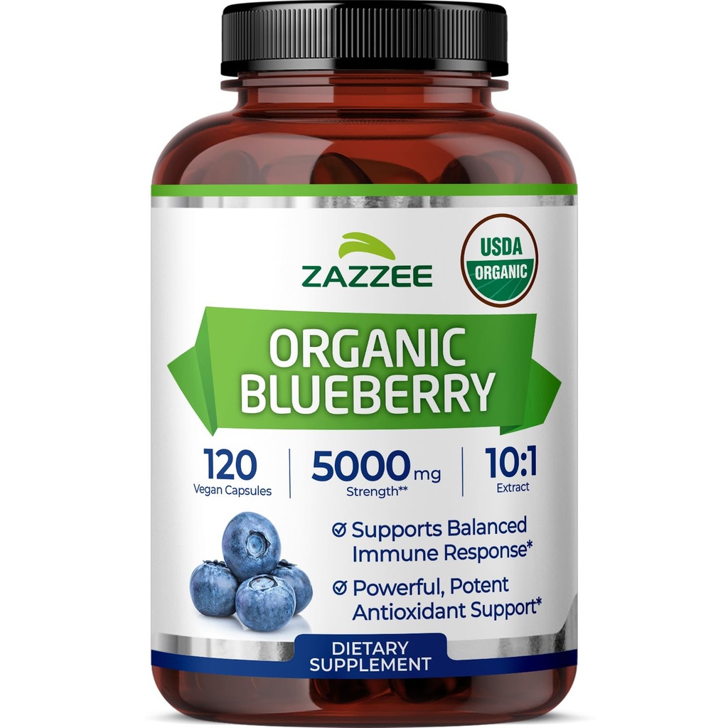 Zazzee USDA Organic Blueberry 10: 1 Extract, 5000 mg Siła, 120 Kapsułki Vegan, 4 Miesiące dostaw, Skoncentrowane i Standaryzowane 10X Całych owoców Extract, 100% Wegetarian, Non-GMO, Made in USA