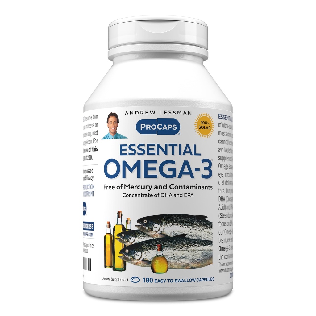 ANDREW LESSMAN Essential Omega-3 Unflavored - 180 Softgels - Ultra- Pure, High Potency Omega-3 Oils. Wysoka DHA, brak żołądka, brak środków trujących, brak rtęci. Małe łatwe do połykania Softgels