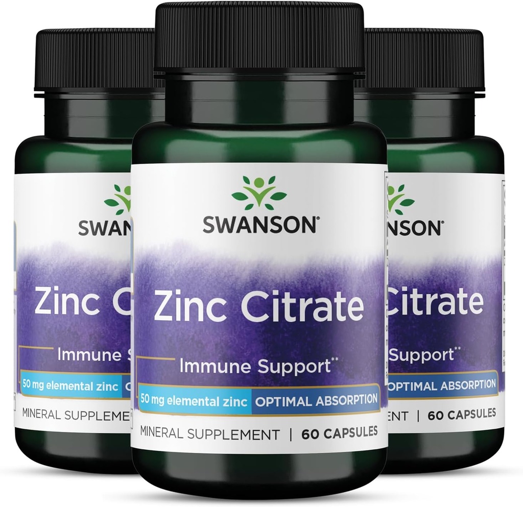 Cytrynian cynku Swanson - Suplement mineralny Promowanie Zdrowej Wizji i Zdrowia Systemu immunologicznego - Naturalna formuła wspierająca ogólne Wellness - (60 kapsułek, 50 mg każdy) 3 opakowania