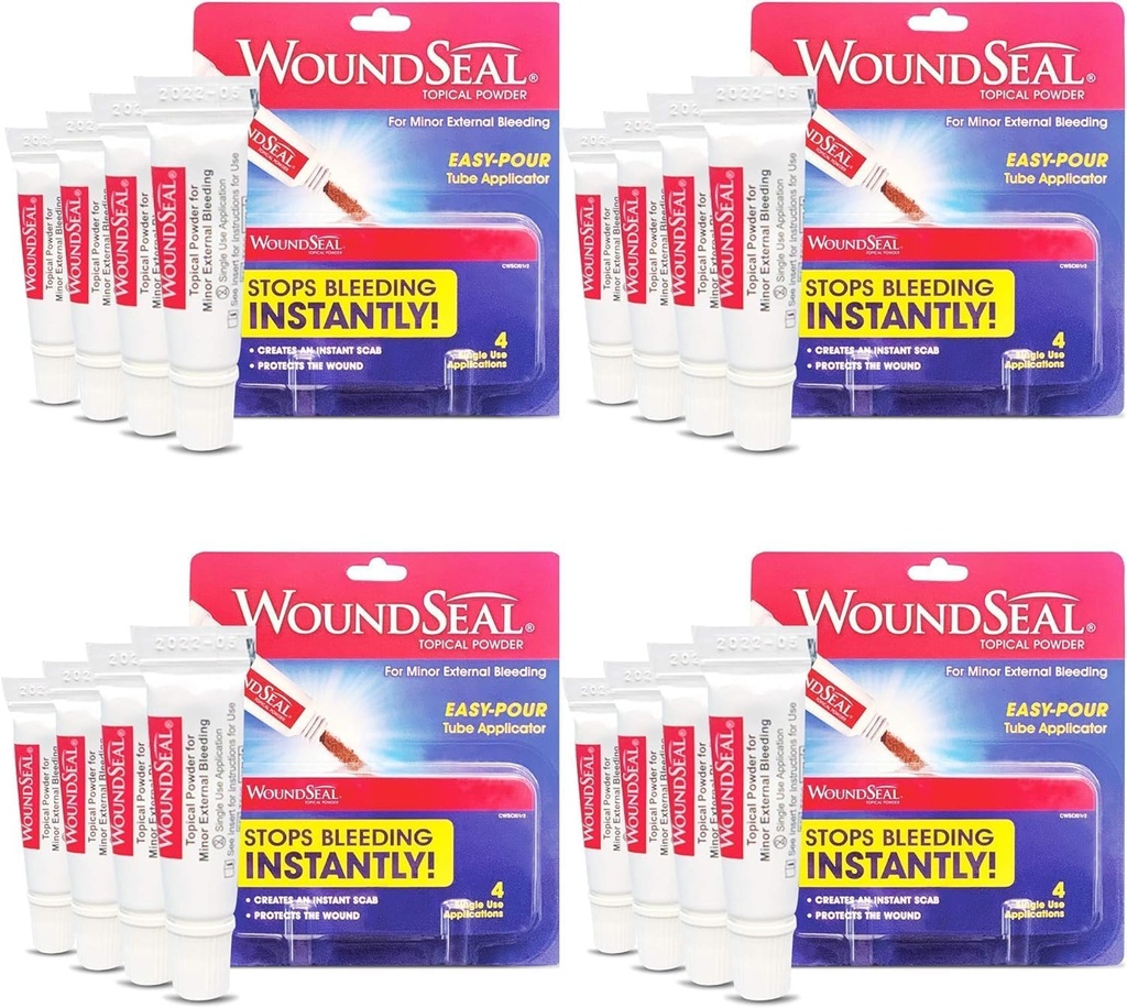 WoundSeal proszek 4 Każdy (opakowanie po 4) - Pierwsza pomoc dla rany, łuski i otarcia - Zatrzyma krwawienie w sekundach bez szwów lub bandaży
