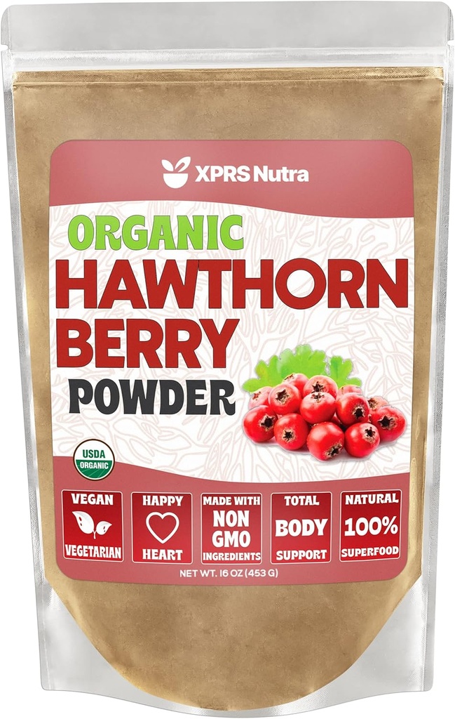 XPRS Nutra Organic Hawthorn Berry Powder - Premium USDA Organic Hawthorne Berry Powder for Cardival Support - Vegan Friendly Hand Health Supplement (16 unce)