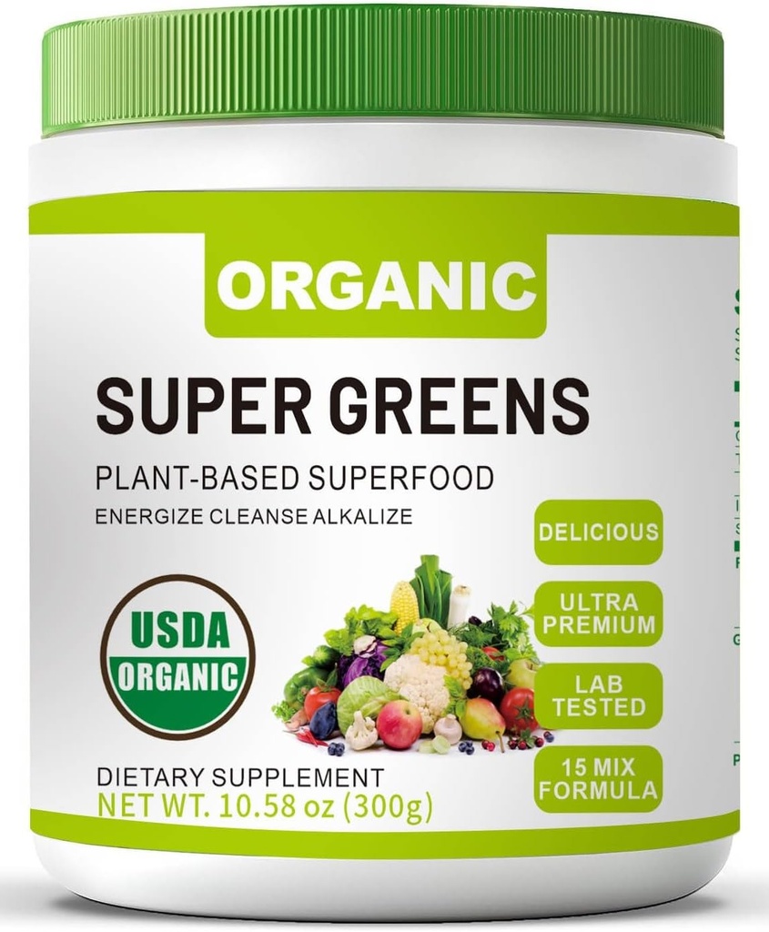 Organiczny Super Zielony Superfood Proszek z Spirulina & Chlorella dla Gut zdrowia, Wspiera odporność, Zdrowie trawienne, Naturalna energia, Probiotyk, Przeciwutleniacz, Enzymy trawienne, (300grs)
