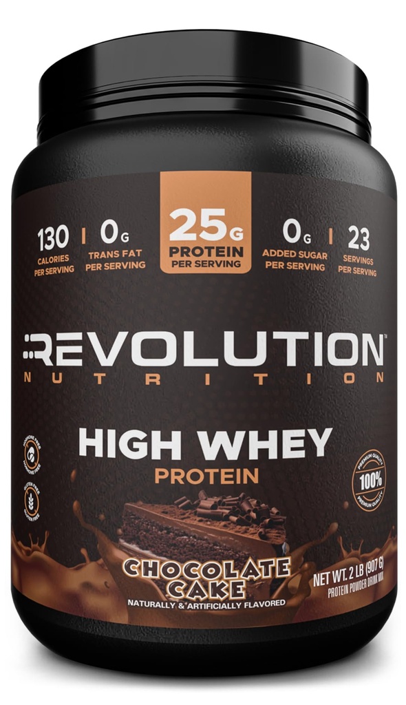 Revolution Nutrition, High Whey, Protein Powder 2LB, Whey Isolate, Gluten Free, Lean Muscle Mass for Men & Women, 25g białka na Scoop, 908 g, 24 Servings (Ciasto czekoladowe, 2 funt)