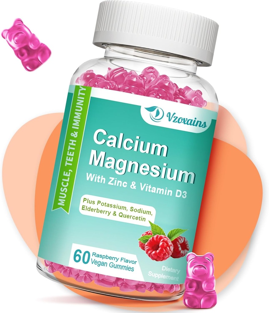 High Absorption Calcium Gummies, Calcium Magnesium Zinc with Magnesium Glycinate, Potassium, Vitamin D3 for Women & Men- Raspberry Flavored 60 Cts