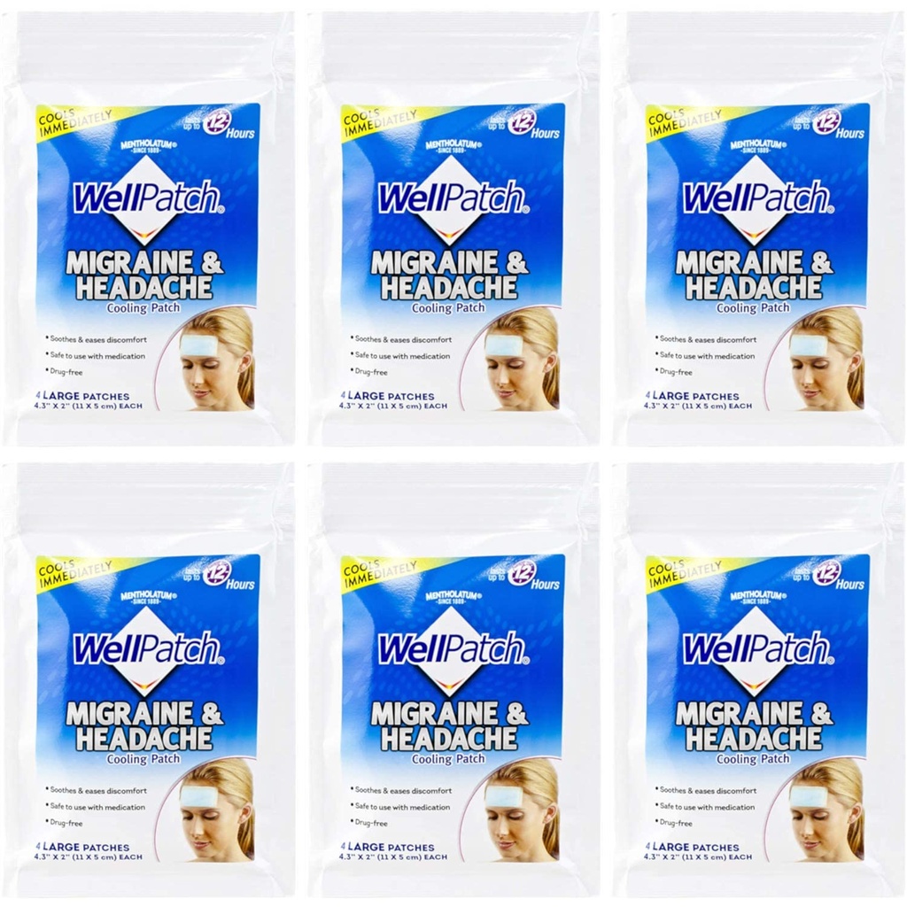 WellPatch Cooling Ból głowy Pads, Migrena 4 Pads w opakowaniu. (Opakowanie zawierające 6) = 24 wkładki