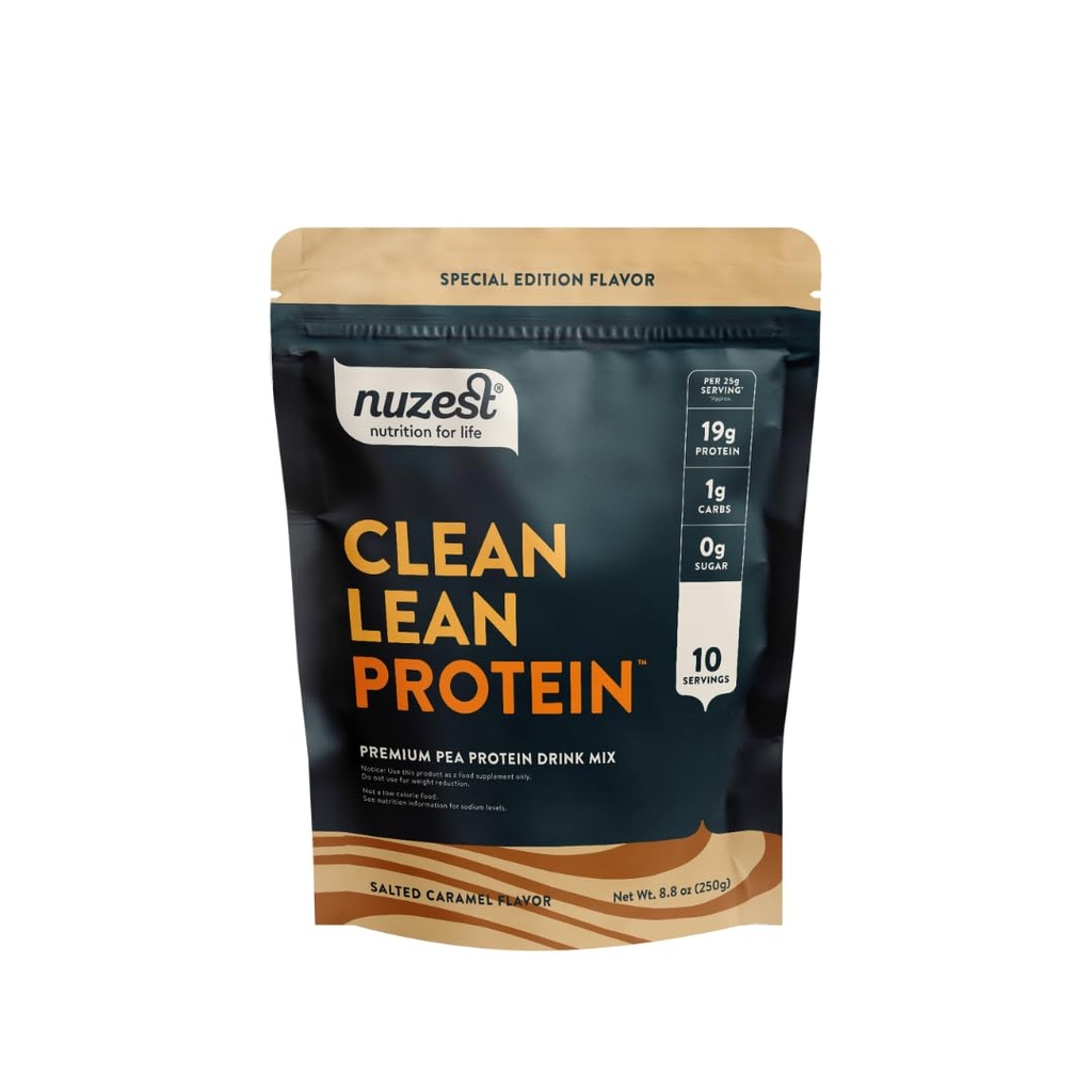 Nuzest - Proszek z protein grochowych - Białko o czystej barwie, Proszek z proteiny roślinnej Premium, Proszek z białka bez nabiału, Wolny od glutenu, Wolny od GMO, Wstrząs z białka (8, 8 Ounce (opakowanie po 1), Karmel słodzony)