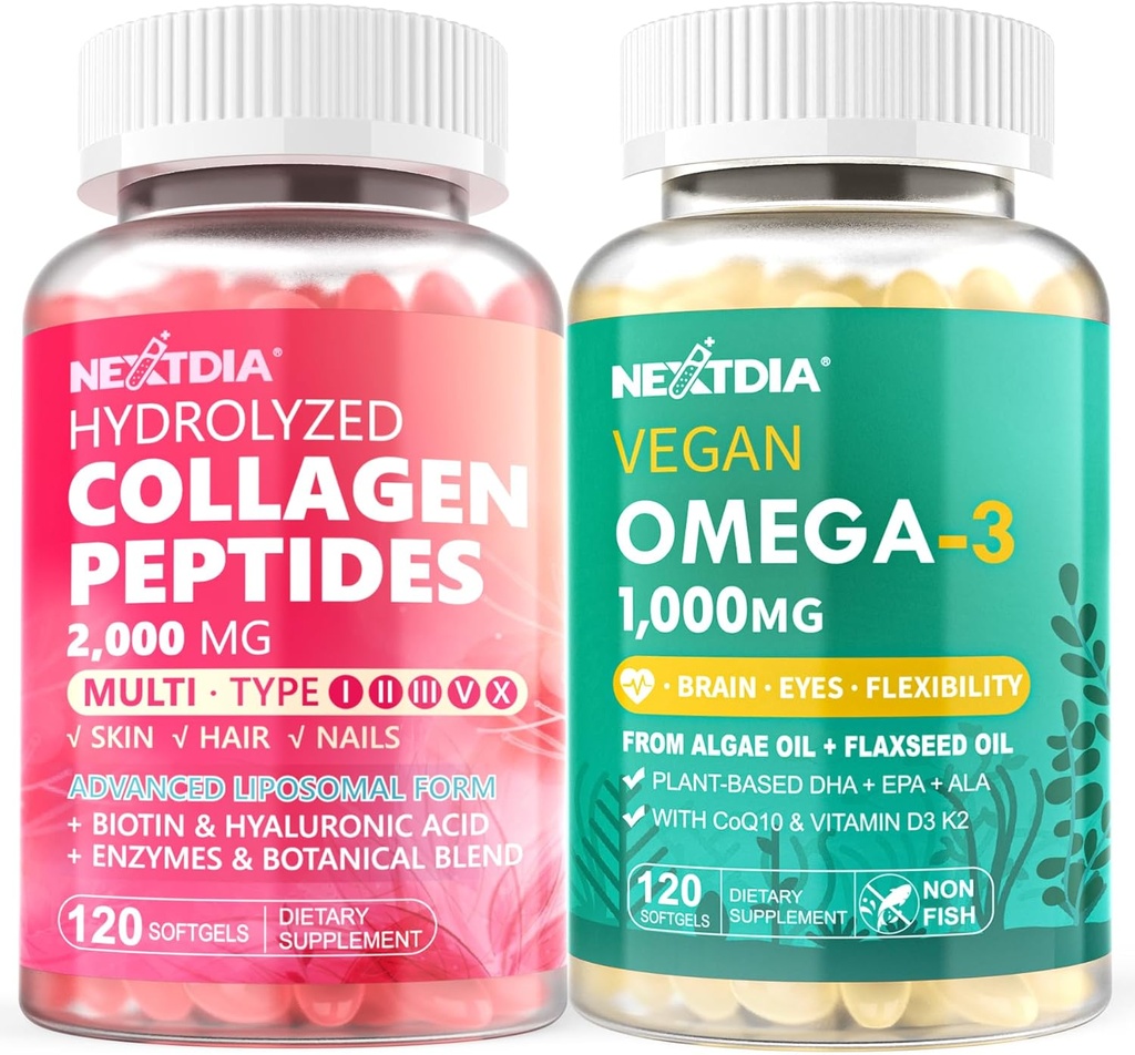 Zhydrolizowany Kolagen Peptydy Pigułki + Wegan Omega 3 Suplement z witaminą D3 K2