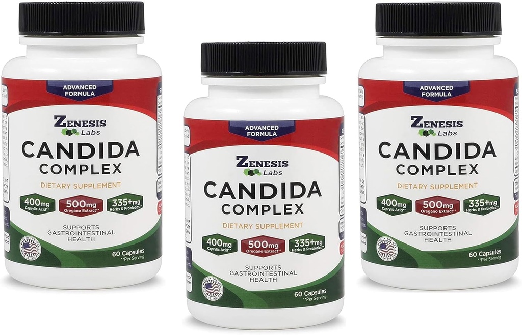 Zenesis Labs Candida Complex Cleanse Detox Acid Supplement, Oregano Extract, Probiotyki, Enzymy - Luzem 180 Kapsułki, 90 Day Supply (60 Kapsułki / Butelka)