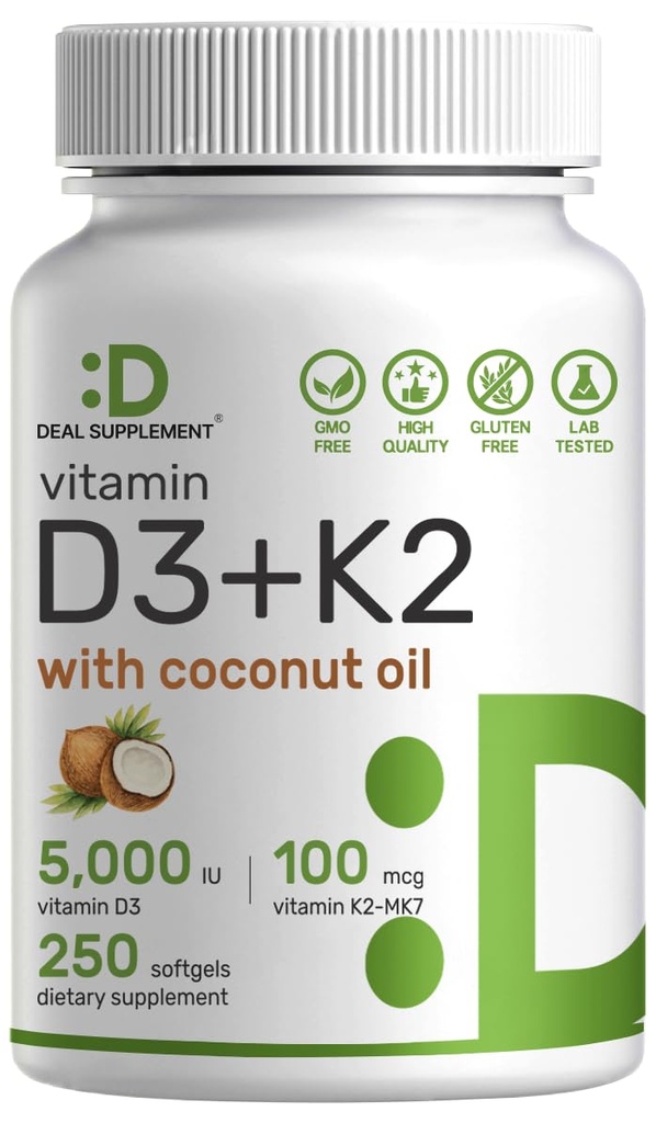 DEAL- SUPLEMENT Witamina D3 5000 j. m. + K2 MK7 100mcg Softgels 124; 2- in-1 Complex z Virgin Coconut Oil 124; Wspomaga serce, kość, zęby i zdrowie immunologiczne 124; Łatwe do połknięcia