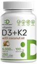 DEAL- SUPLEMENT Witamina D3 5000 j. m. + K2 MK7 100mcg Softgels 124; 2- in-1 Complex z Virgin Coconut Oil 124; Wspomaga serce, kość, zęby i zdrowie immunologiczne 124; Łatwe do połknięcia