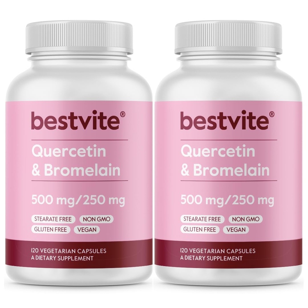 BESTVITE Quercetin z Bromelainem 500 mg / 250mg (240 Kapsułki wegetariańskie) (120 x 2) - Brak stearynianów - Brak tlenku krzemu - Wegan - Nie GMO - Bez glutenu