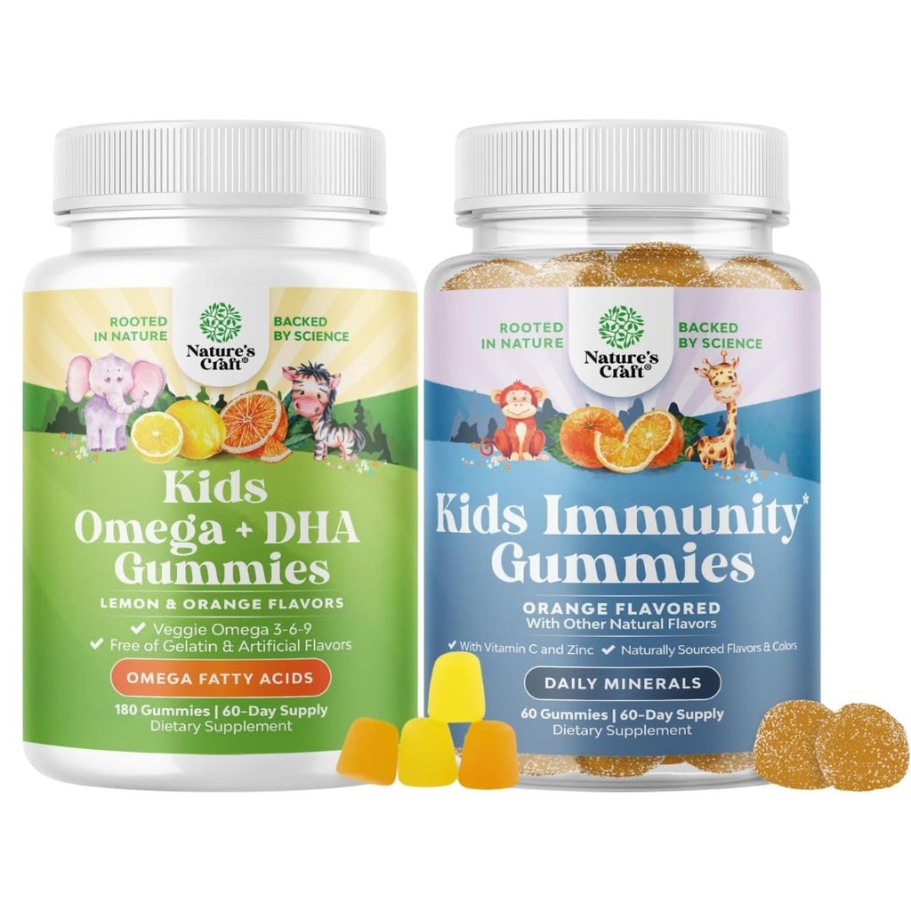 Paleta gumek Omega DHA dla dzieci - Kwasy tłuszczowe Omega 3 6 9 z witaminą C dla mózgu, Immunitet & Wizja i Dzieci Immunitet Gummie - Pyszna witamina C z Cynk & Echinacea Immune Booster