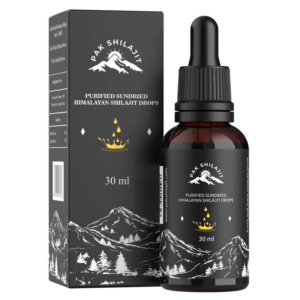 PakShilajit ® Sun Suszony Himalayan Shilajit płynne krople, Najbardziej Premium & Organic Gold Graded Shilajit Drops powyżej 17000FT (30ML Pack), Bogaty w dodatek kwasu Humicznego kwasu Fulvic