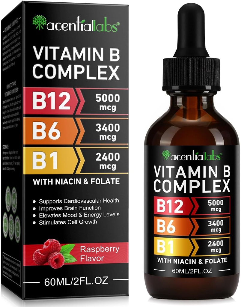 Witamina B12 Krople płynne - Witamina organiczna B12 Krople podjęzykowe - Witamina organiczna B- Złożona B5 Kwas pantotenowy - Wegan B12 Podjęzykowy 5000 µg z Witaminą B6, Płynne B12 Metylokobalamina Wsparcie