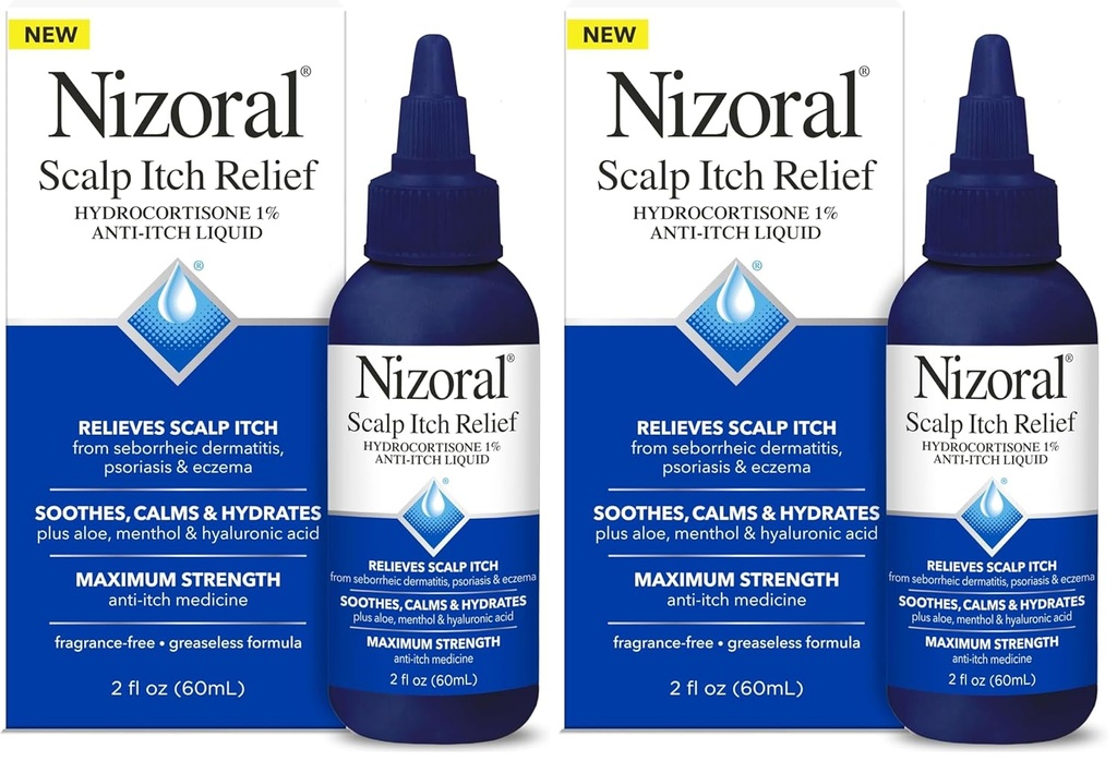 Nizoral Scalp Itch Relief Liquid - Relieves Scalp Itch and Soothes, Calms and Hydrates with Maximum Strength Anti- Itch Medicine (Hydrokortyzon 1%), 2 Fl Oz (Pack of 2)