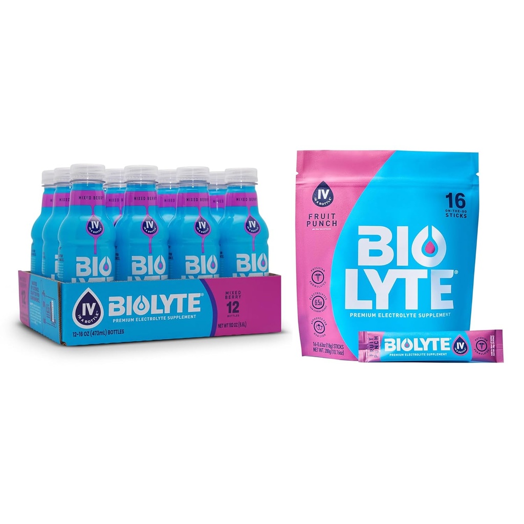 BIOLITE Electrolyte Drink & IV Napoje nawadniające Mix - Elektrolity FSA & HSA, Nawodnienie w proszku Pakiety, Chemioterapia Musi Hakes dla kobiet i mężczyzn - Berry, 12 Butelki, 16 Sticks