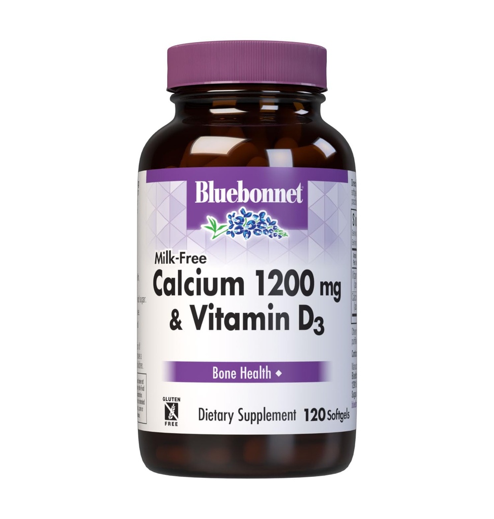 Bluebonnet Żywienie Bezmleczne Wapń 1200 mg Plus Witamina D3 400 j. m. - Wysoka moc, Maksymalna absorpcja silne zdrowe kości i immunologiczny suplement wsparcia zdrowia, Gluten- Free, Dairy-Free, 120 Softgels