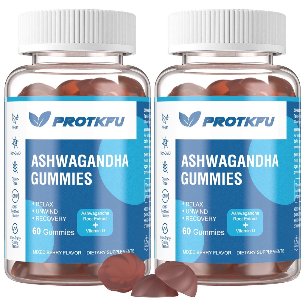 2 Pack Ashwagandha Gummies & witaminy D3 Gummies Organic Aswangdha Suplement do poprawy snu, Stress Relief & nastrojowy spokój (Non-GMO, Gluten- Free & Sugar Free)
