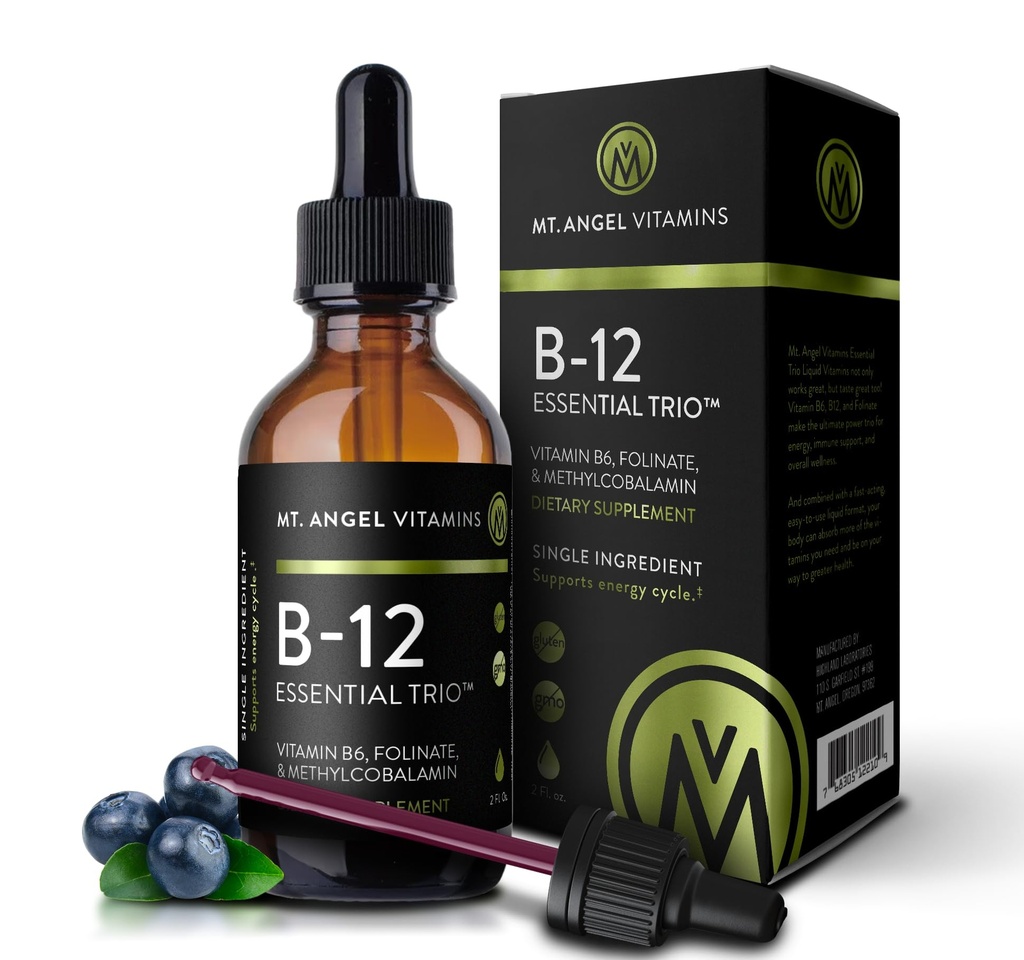 Mt. Angel Vitamin - B12 Essential Trio - Wegan Podjęzykowe krople z wysokiej mocy metyl B12, B6 & Folate - Easy Absorption Liquid - Non-GMO, Made in USA