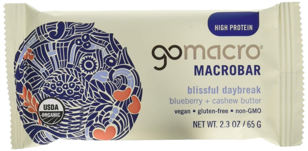 GoMacro Macrobar Organic Vegan Protein Bars - Blueberry + Cashew Butter (2.3 Ounce Bars (Opakowanie 12)