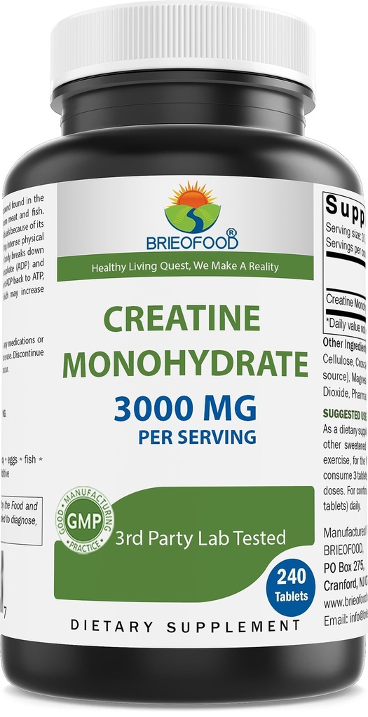 Brieofood Creatine Pigułki 3000 mg na serwowanie - 240 Tabletów - Trzecia strona Lab Tested for Czystość i Jakość - Pomaga poprawić wydajność atletyczną