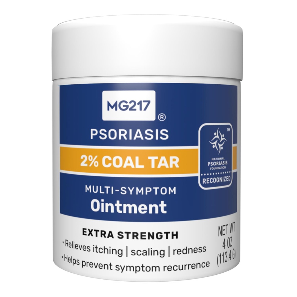 MG217 2% Oberżyna smoła węglowa do łuszczycy, Dodatkowa Siła Relief wieloobjawowy, Efektywnie łagodzi swędzenie, łuszczenie, zaczerwienienie, Witamina A, D i E, 4 oz Jar