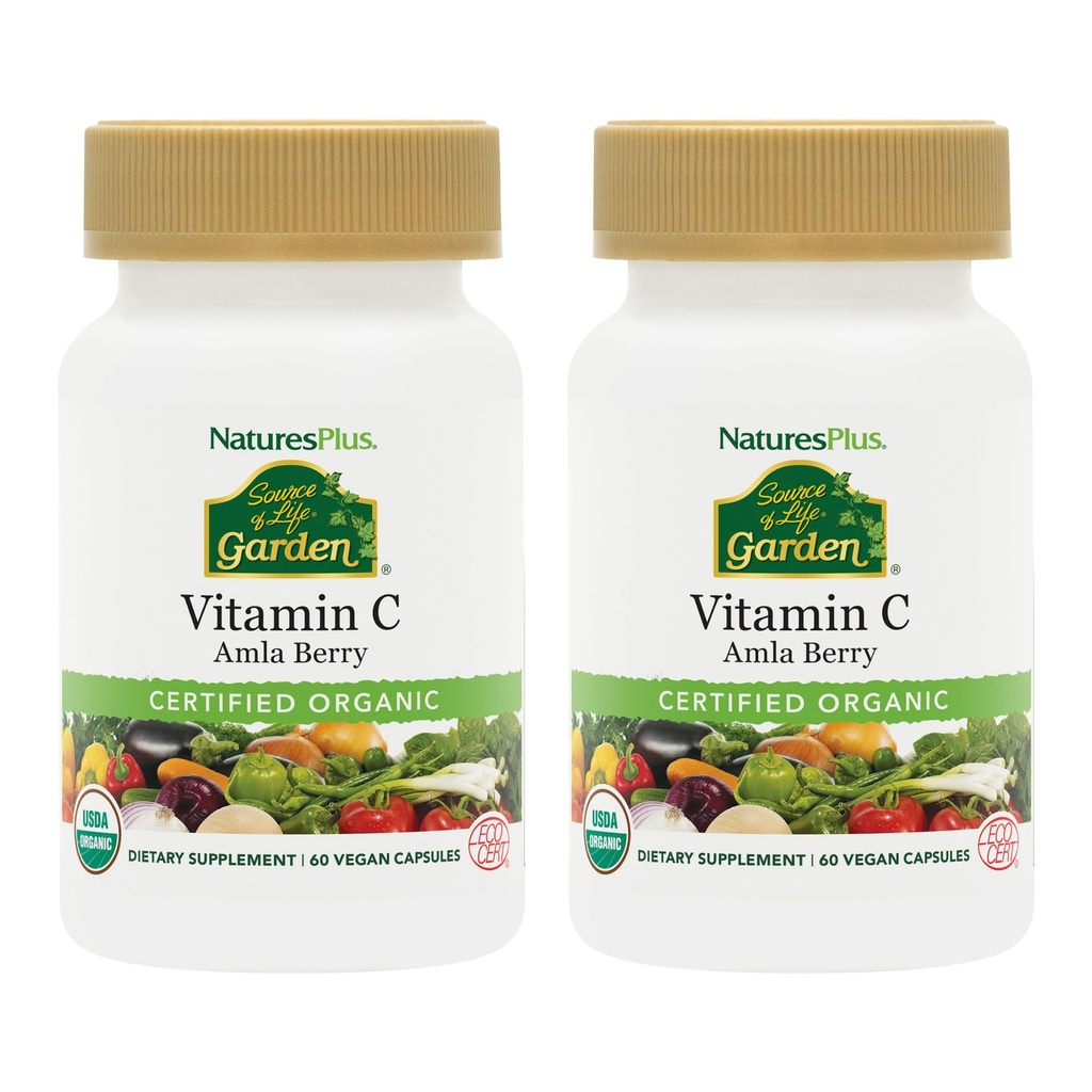 NaturesPlus Źródło Life Garden Witamina C - 60 Kapsułki wegańskie, Opakowanie 2 - Wsparcie systemu immunologicznego - Certified Organic, Non-GMO, Gluten Free - 60 Całościowa obsługa