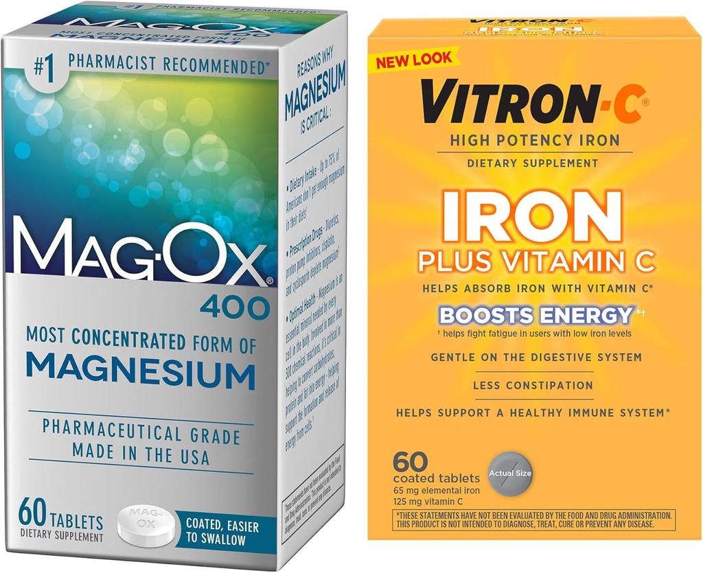 Vitron- C Wysoka moc Żelaza Suplement, 60ct i Mag- Ox 400 Magnezu Suplement mineralny 60ct