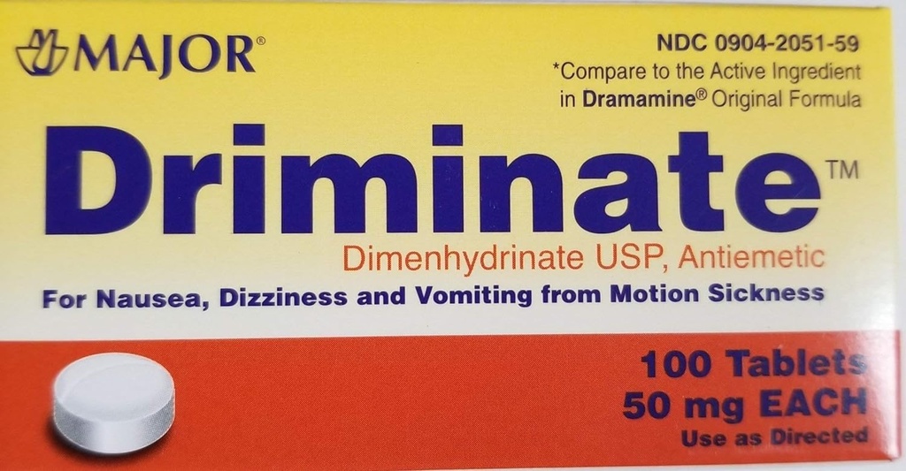 Major Driminate ® Wymiar 50 mg 100 Ct na nudności, zawroty głowy i wymioty z powodu choroby ruchowej