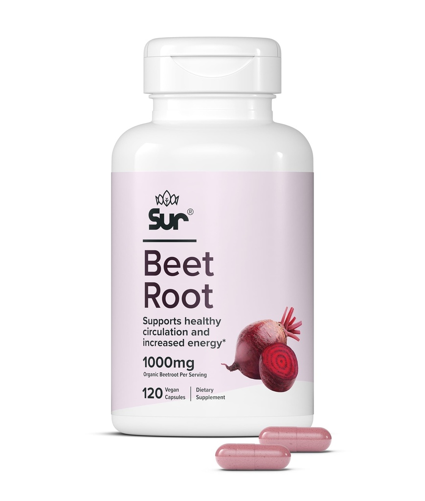 Sur Organic Beet Root kapsułki 1000mg - Wspiera zdrowe cyrkulacji i zwiększonej energii - tlenek azotu Superfood (120 kapsułki)