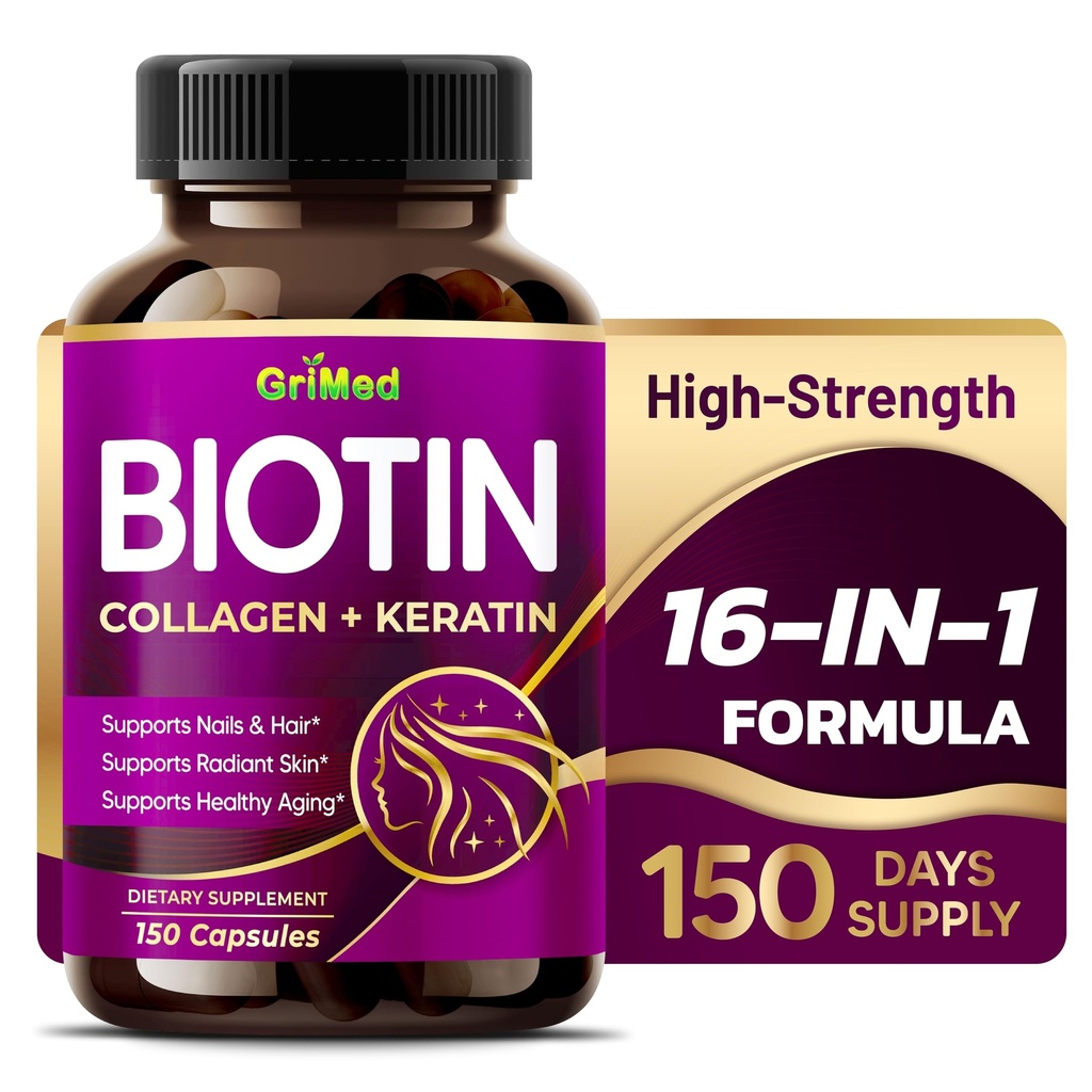 GriMed BIOTIN z Collagen + Keratin 7,275mg Silne paznokcie i włosy, Promieniowa skóra, Zdrowe Aging- USA Made & Tested (150 Hrabia (Pack of 1))