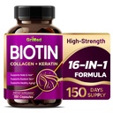 GriMed BIOTIN z Collagen + Keratin 7,275mg Silne paznokcie i włosy, Promieniowa skóra, Zdrowe Aging- USA Made & Tested (150 Hrabia (Pack of 1))