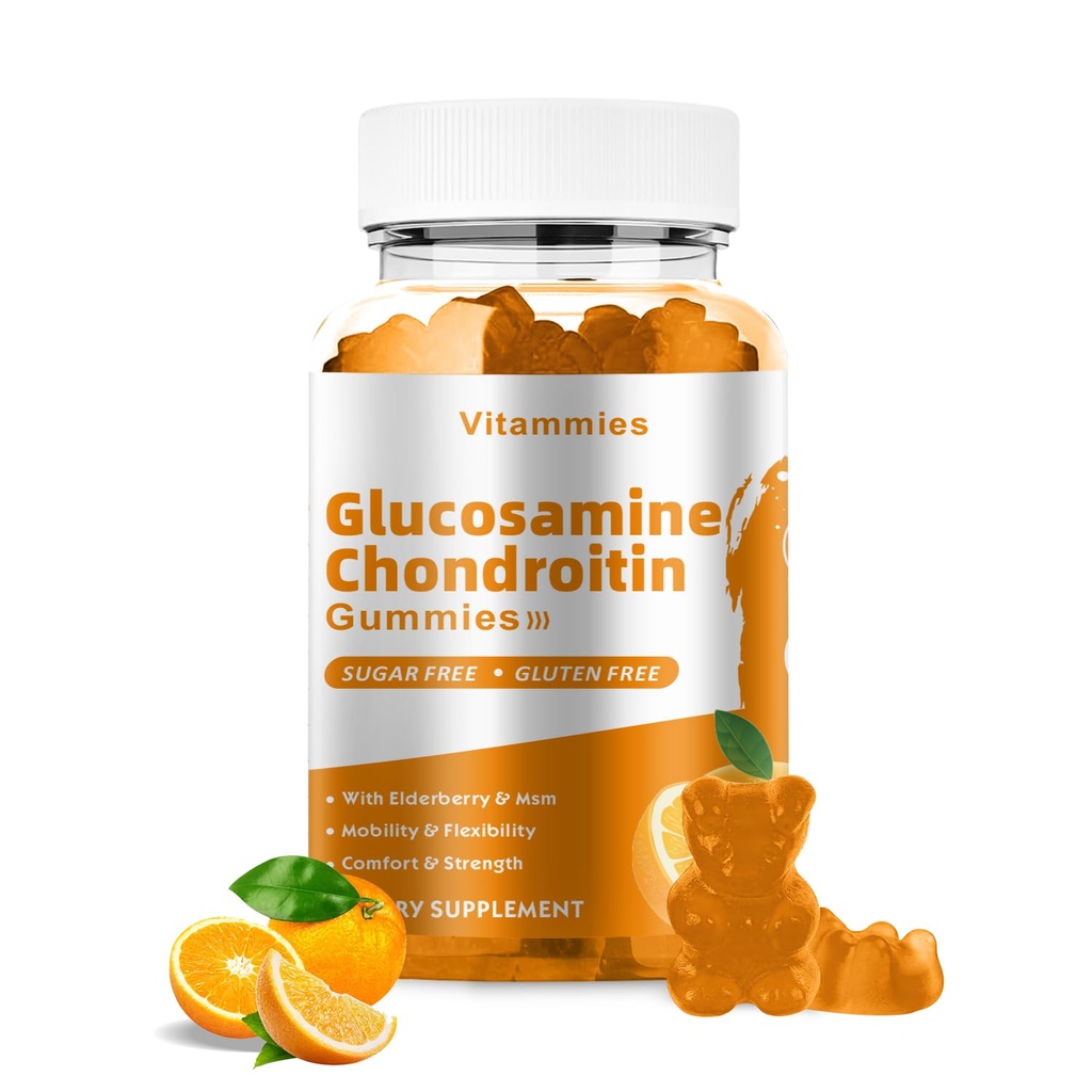 Glukozamina Gummie Chondroitin z mumsem i elderberry Extra Siła - Wspólne wsparcie, Antyoksydant immunologiczny Suplement dla dorosłych, Mężczyźni i Kobiety Minerały, koenzym Q10, DHA - 60 Pomarańczowych Gummies
