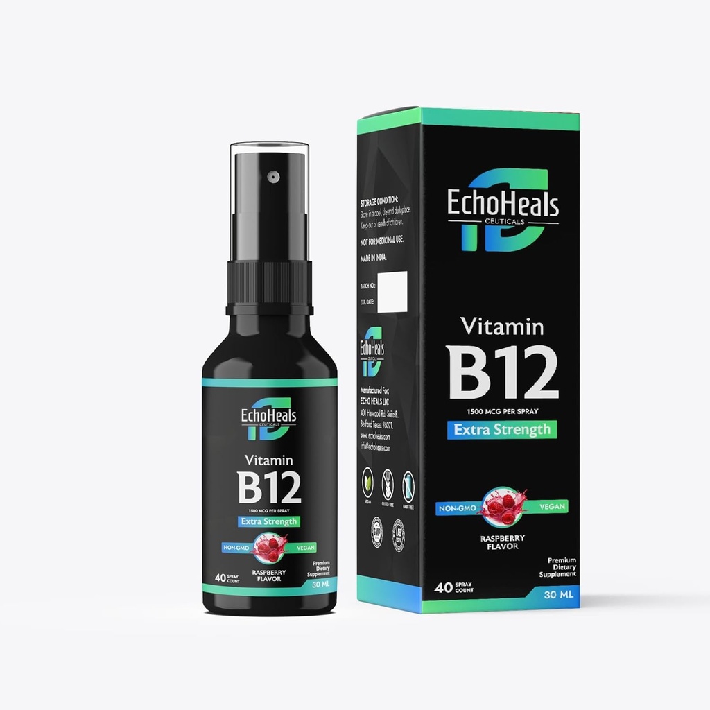 Vitamin B12 Liquid Spray | Vitamin B12 for Energy Support | Vegan | Non-GMO | Gluten Free | 40 Sprays | 1500 mcg per Spray | Raspberry Flavor | 1 fl Oz