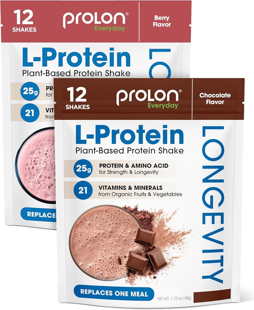 Prolon Longevity Plant Based Protein Powder Building 124; Synteza mięśni & Naprawa, Zdrowe Starzenie, Boost Performance Building 124; Witaminy, Gluten Free, Amino Acids 124; 25g białka 124; Czekolada i Berry, 24 Pakiety