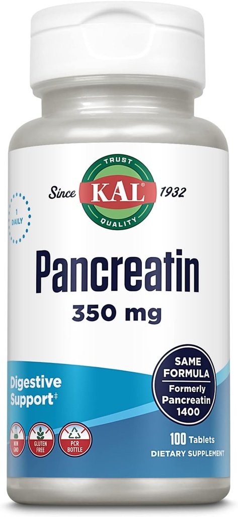 KAL Pancreatin 350mg, Digestive Enzymes for Women and Men, Pancreatic Enzymes for Digestive Health Support, Gluten Free, Non-GMO, Szybka rozpad, 60- Day Guarantee, 100 Servings, 100 Tablets