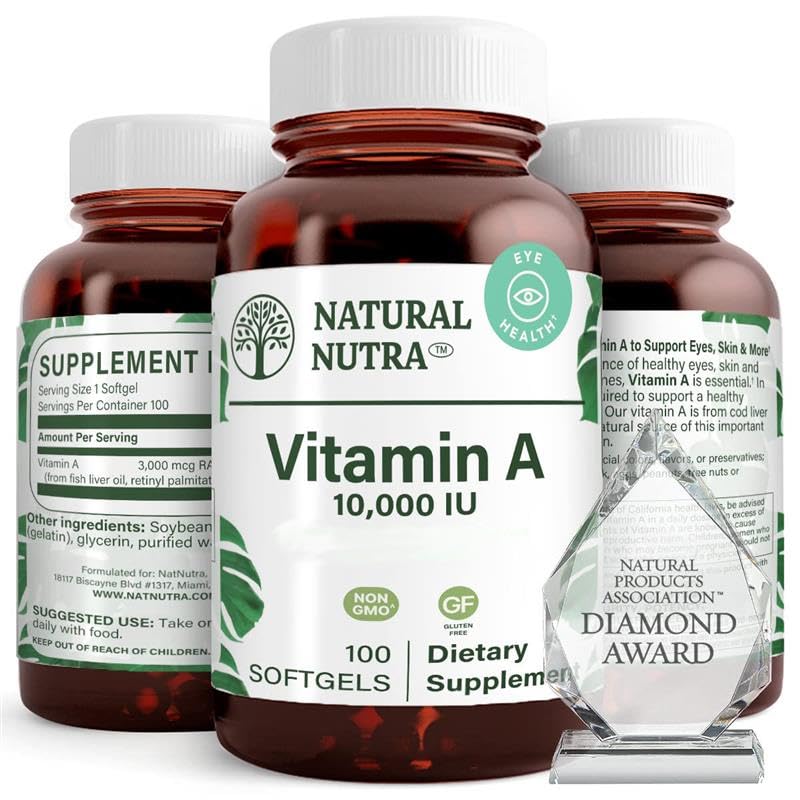 Natural Nutra Witamina A 10 000 IU Softgels - Witaminy o wysokiej mocy oka i skóry - Bez glutenu - Suplement dla zdrowia wzroku i skóry - Olej z wątroby dla mężczyzn i kobiet, Gluten Darmowe 250 Softgels (2 Pack)