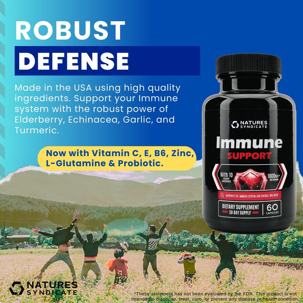 Suplement wsparcia immunologicznego - 10- in-1 z Echinacea, Elderberry, Czosnek, Kurkuma z cynku, Witamina C, E, B6 i L- glutamina, 4.8 Miliard CFU Probiotyk dla dorosłych