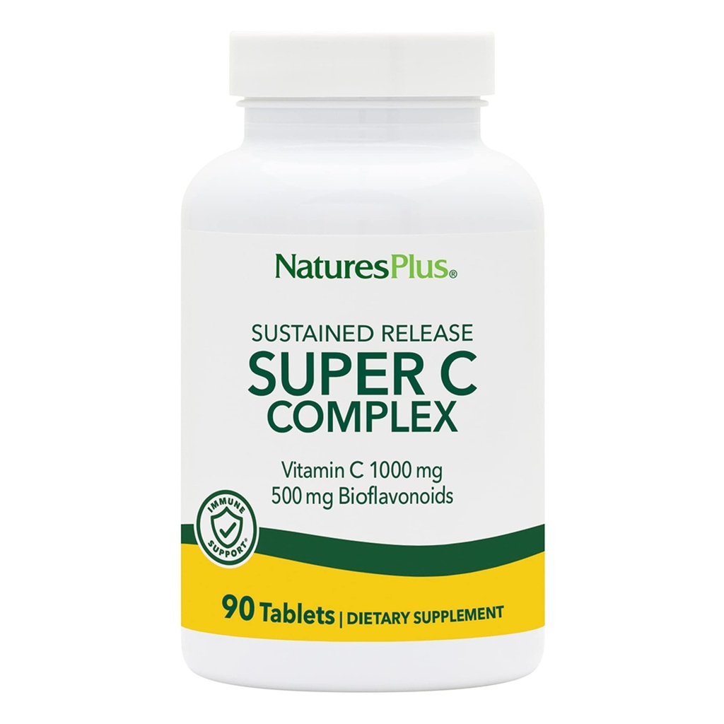 NaturesPlus Super C Complex, Trwałe Release - 1000 mg, 90 Tabletki wegetariańskie - Wysokiej mocy suplement wsparcia immunologicznego, Przeciwutleniacz - Zwiększona absorpcja - Bezglutenowe - 90 Słupki