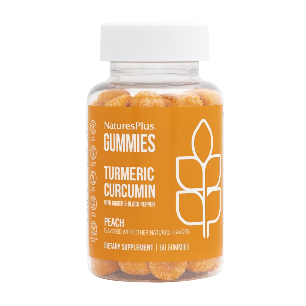 NaturesPlus Gummies Kurkumina Turmerowa - 60 Gummies, Brzoskwinia - Wsparcie Joint, Digestive & Cardioviral Health - Wegan, Gluten Free, Non-GMO - 30 Służenia