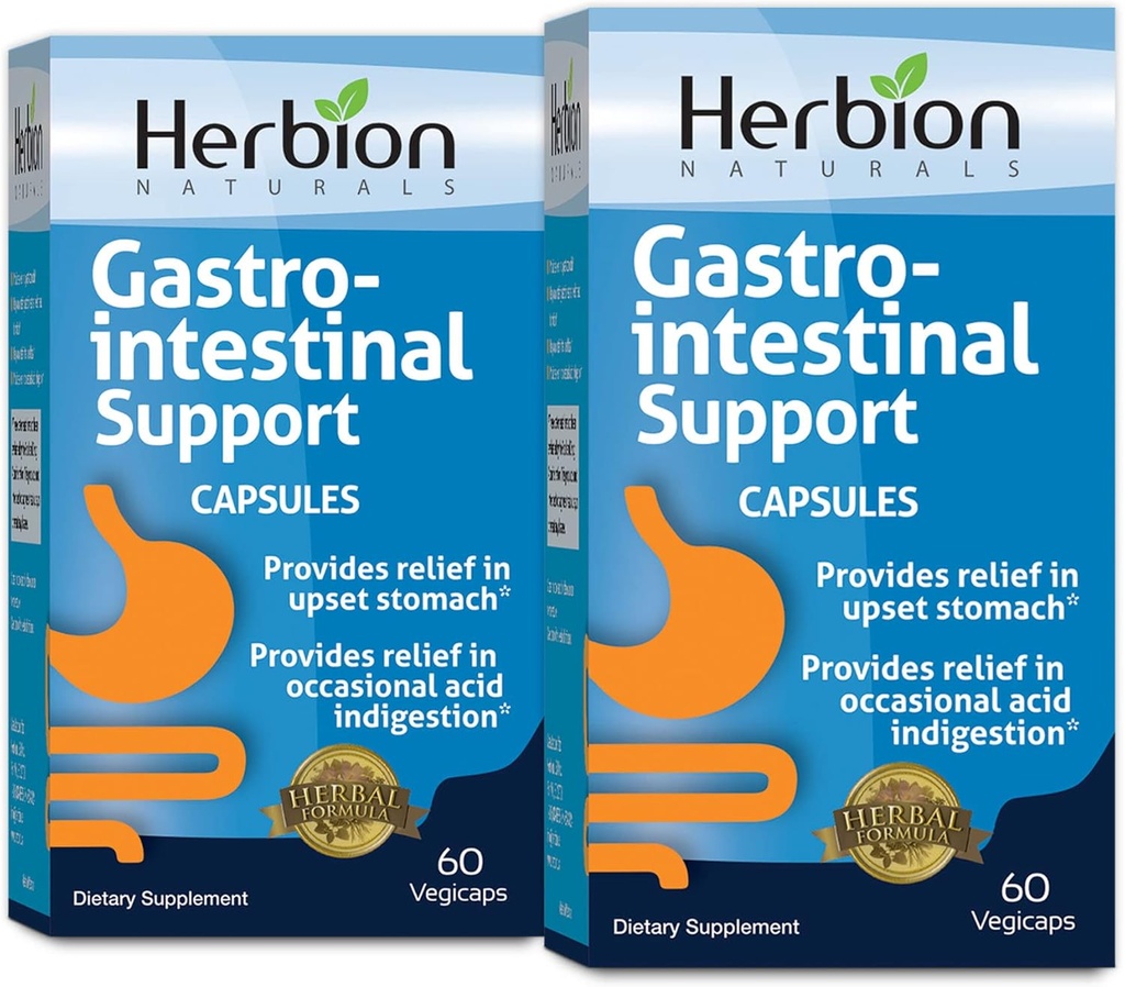 HERBION Naturals Gastro- jelitowy Mieszanka Ziołowa do roztrzęsionych stomach Relief, Zdrowie i Funkcja przewodu pokarmowego, Sporadyczne niestrawność kwasowa, Zdrowa Flora jelitowa, 60 Wegikapy - Opakowanie 2