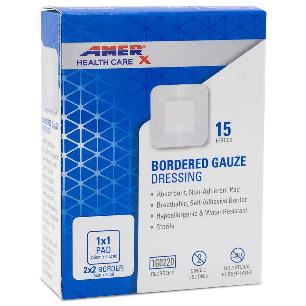 2 "x 2" Dressing (1x1 Pad) AMERX Borded Gaze - Adhesive Bandages - Water Resistant Barrier - Self Adhesive Border - oddychające, Hipoalergiczne - 15 Pads per Box