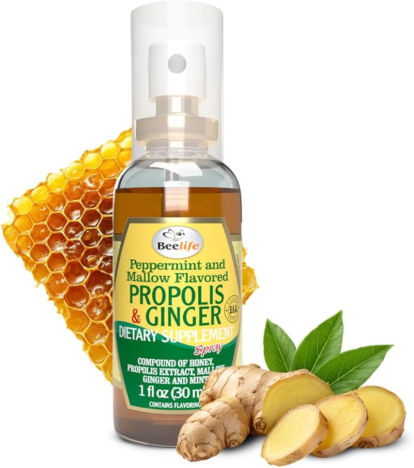 Beelife Propolis Throat Spray - Soothing Honey & Ginger Propolis - Natural Immune Support & Sore Throat Relief, Przeciwutleniacze, Bogate w Flavonoids & Arterabrinin C, No Sugar, Gluten- Free - 1- Pack, 30ml