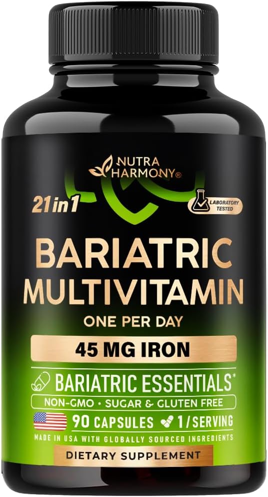 NUTRAHARMONY Bariatryczny Multiwitamina - 45 mg Żelaza Suplementy - Made in USA - Dla Kobiet i Mężczyzn - All- in- One, 21 Witaminy eteryczne - Gastric Sleeve Support - Lekki aromat tropikalny - 90 Kapsułki