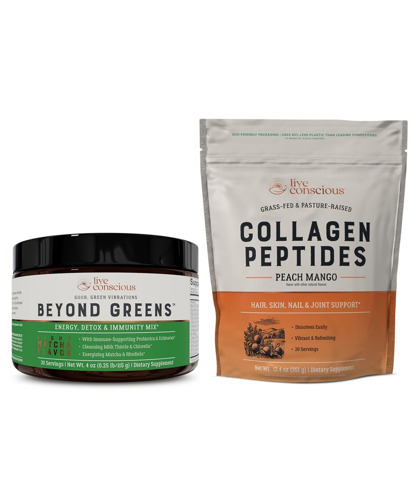 Live Conscious Beyond Greens & Collagen Peptides Peach Mango 124; Grzyb kawa alternatywna niskiej kofeiny + włosów, skóry, paznokci i wspólnego wsparcia