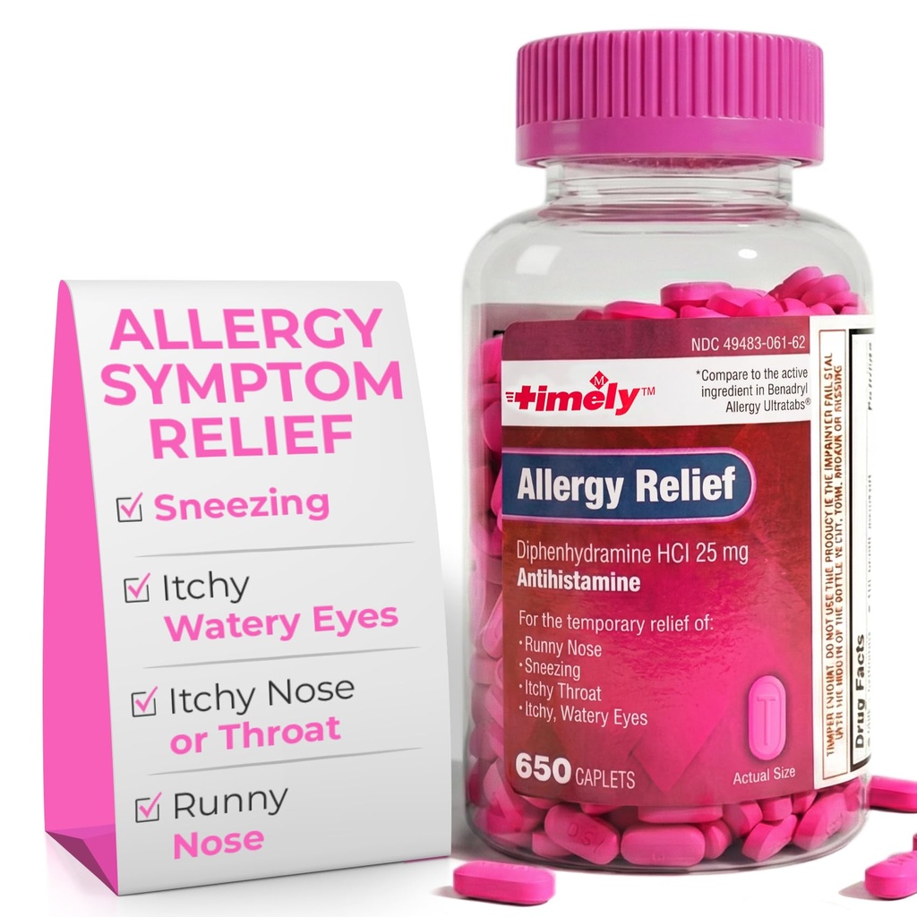 Relief antyalergiczny Relief Difenhydramine HCl 25 mg - 650 Kapletów - W porównaniu do Benadrylu Allergy Ultratab - Antyhistamina - Leki alergiczne - Relief na nos Runny dla dorosłych - Leczenie polekowe oczu