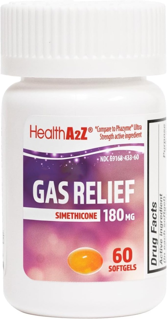 HealthA2Z ® Gas Relief Simeticone 180mg Simeticone 124; Relieves from Stomach Discomfort and Gas Bridge 124; Anti Flatulence Tide 124; Relieves Gas Fast (60 Count (Pack of 1))