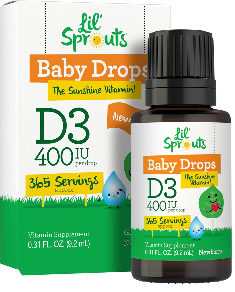 Carlyle Baby Witamina D3 płynne krople 124; 400 IU 124; .31oz (9,2 ml) 1 Rok dostaw (365 Sług) 124; Wegetariański, Non-GMO i Gluten Free Lil 'Sprauts