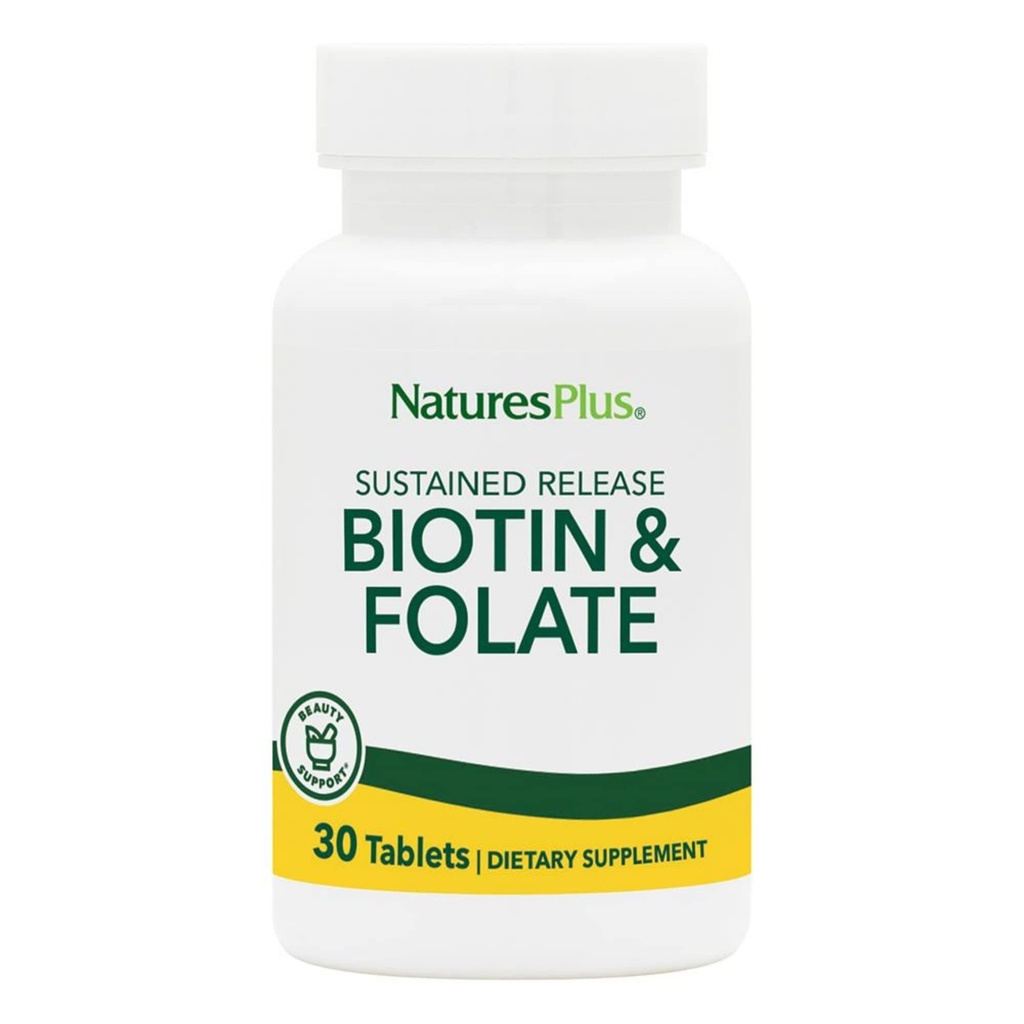 Natury Plus Biotin & Kwas foliowy (Metylofolian), Trwałe uwalnianie - 30 Tabletki wegetariańskie - Witamina B7 i Witamina B9, Wspiera wzrost włosów, Energy Booster, Witamina prenatalna - Bez glutenu - 30 Służenie